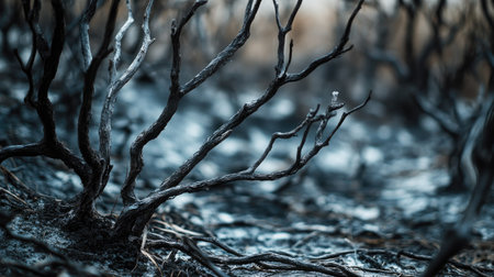 Dried, brittle branches in a desolate forest, with empty space on the right for copy.の素材