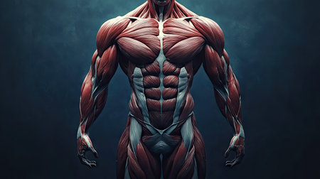 Detailed view of human muscles, placed centrally with blank space around for copy or logo placementの素材