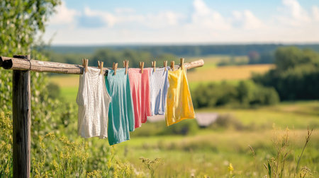 Clothesline with white sheets hanging, set against a bright, sunny background with space for text.の素材