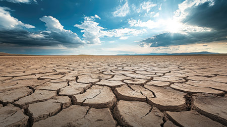 Cracked, dry earth in a barren landscape, with an expansive sky providing room for copy.の素材