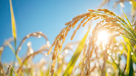 Dew-covered rice ears in the morning light, with room for copy in the clear sky above.の素材
