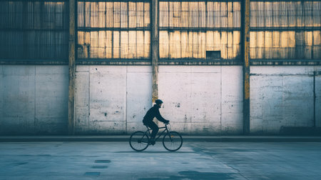 Cyclist riding through an industrial area, with plenty of blank wall space behind for text.の素材