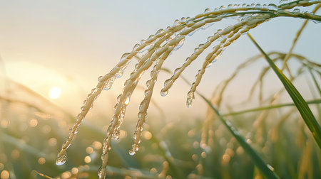 Dew-covered rice ears in the morning light, with room for copy in the clear sky above.の素材