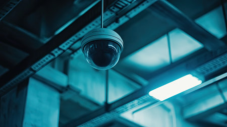 Dome camera on a ceiling of an industrial facility, with plenty of empty wall space for copy.の素材