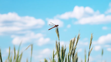 Dragonfly perched on a reed with a wide, empty sky above for text or branding.の素材