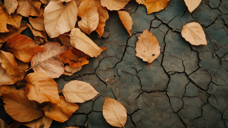 Dried, shriveled leaves scattered on cracked soil, with room for copy on the left side.の素材