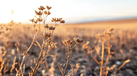 Dried-up plants in a barren field, with a blurred background offering plenty of space for text.の素材