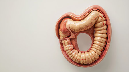 Cross-sectional view of the human stomach, isolated with a neutral background, and space on the side for copy placement.の素材