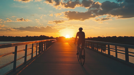 Cyclist on a bridge at sunset, with open sky and water offering room for text.の素材