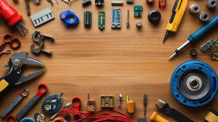 Electrical components and tools laid out on a workbench, with plenty of space in the background for copy.の素材