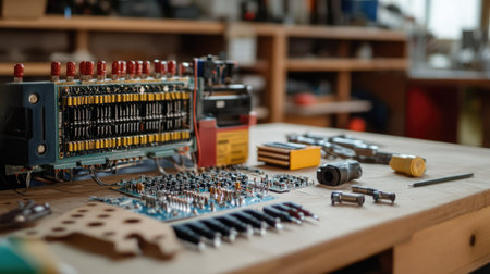 Electrical components and tools laid out on a workbench, with plenty of space in the background for copy.の素材