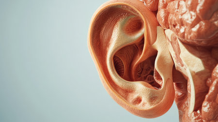 Cross-sectional view of the human ear, isolated on a plain background, with copy space on the left.の素材