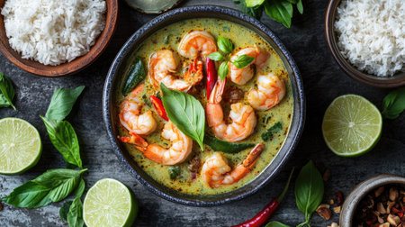 Delicious Thai green curry with shrimp, surrounded by bowls of sticky rice, fresh lime, and fragrant herbs.の素材