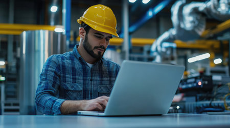 Engineer working on a laptop in an industrial office, with a large blank whiteboard in the background for copy space.の素材