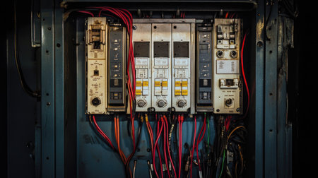 Electrical panel with open access showing wires and breakers, with space for text in the background.の素材