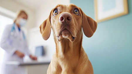 Dog sitting on an exam table, looking up at the veterinarian, with plenty of copy space on the left side.の素材