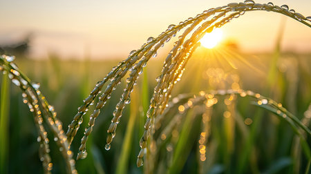 Dew-covered rice ears in the morning light, with room for copy in the clear sky above.の素材
