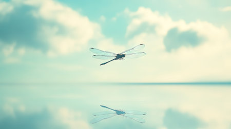 Dragonfly flying over a pond, with ample space in the sky above for copy or branding.の素材