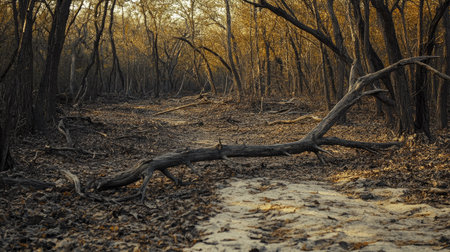 Dried, brittle branches in a desolate forest, with empty space on the right for copy.の素材