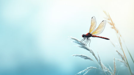 Dragonfly perched on a reed with a wide, empty sky above for text or branding.の素材