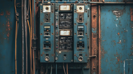 Electrical panel with open access showing wires and breakers, with space for text in the background.の素材