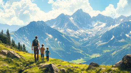 Family hiking in the mountains, with vast landscape and sky for text placement.の素材