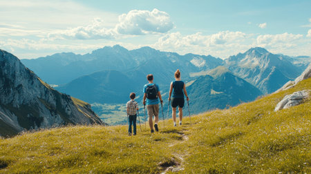 Family hiking in the mountains, with vast landscape and sky for text placement.の素材