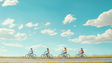 Family of four riding bicycles together, with ample road and sky space for copy.の素材