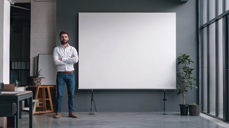 Engineer with crossed arms standing next to a large blank board in a modern workspace, ideal for copy space.の素材