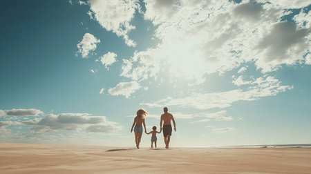 Family playing together on a beach, with open sand and sky providing room for copy.の素材