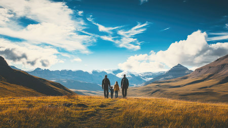 Family hiking in the mountains, with vast landscape and sky for text placement.の素材