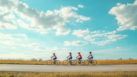 Family of four riding bicycles together, with ample road and sky space for copy.の素材