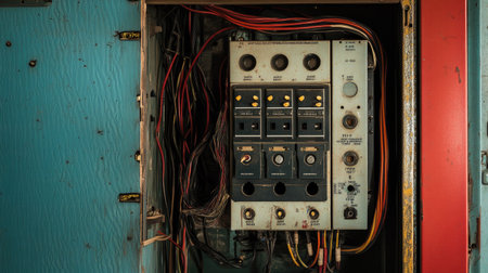 Electrical panel with open access showing wires and breakers, with space for text in the background.の素材