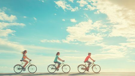 Family of four riding bicycles together, with ample road and sky space for copy.の素材