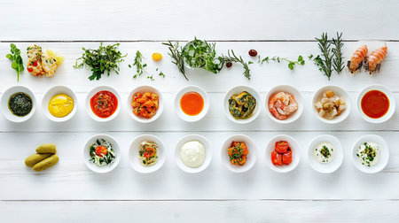 A vibrant display of small appetizer plates featuring an array of sauces, dips, and fresh ingredients, perfect for parties or culinary inspirations.の素材