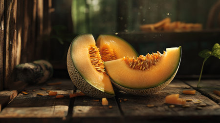 A rustic wooden table features a vibrant cantaloupe slice, showcasing its juicy, fresh interior. Perfect for summer-themed culinary projects or healthy eating visuals.の素材