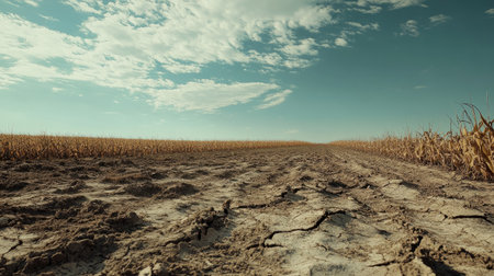 Dried-up, abandoned farmland with cracked soil and no crops, with room for copy on the right.の素材