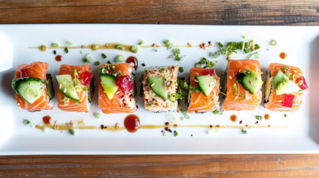 A beautiful assortment of colorful sushi rolls with fresh fillings served on a white plate, perfect for culinary enthusiasts and food lovers.の素材