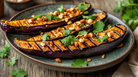 This vibrant plated dish features grilled eggplant topped with nuts and herbs, perfect for a healthy meal or gourmet appetizer on a rustic wooden table.の素材