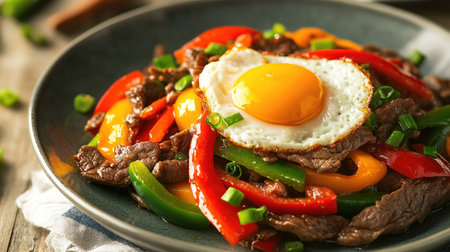 A delicious serving of stir-fried beef with vibrant bell peppers and a perfectly cooked fried egg on top, ideal for a flavorful meal.の素材