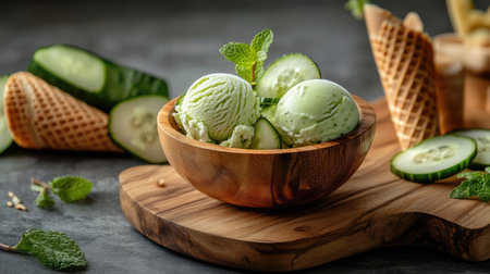 Enjoy a refreshing bowl of cucumber mint ice cream presented in a rustic wooden bowl. This gourmet dessert combines natural flavors for a perfect summer treat.の素材