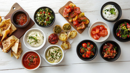A visually appealing spread of small dishes featuring vibrant appetizers, garnished with fresh herbs and sauces on a rustic wooden table. Perfect for gatherings.の素材