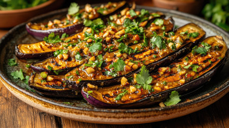A vibrant grilled eggplant dish topped with fresh herbs and spices, beautifully presented on a rustic plate, ideal for healthy dining and culinary inspiration.の素材