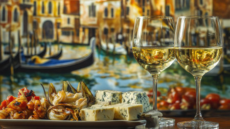 Discover a vibrant Venetian snack bar scene featuring seafood, cheese, and wine, set against a beautiful cityscape. Perfect for culinary enthusiasts!の素材