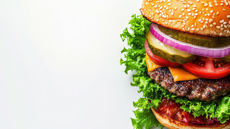 A vibrant close-up image of a delicious cheeseburger stacked high with fresh ingredients like lettuce, tomato, onion, and pickles, perfect for food lovers.の素材