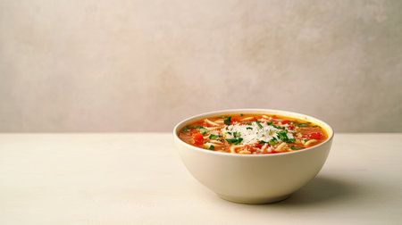 A wholesome bowl of minestrone soup filled with fresh ingredients, served with a sprinkle of cheese and parsley, perfect for a nutritious meal.の素材