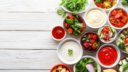 A vibrant array of fresh ingredients on a wooden table, showcasing colorful sauces and vegetables in bowls, perfect for meal preparation and culinary creativity.の素材