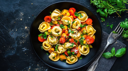 An overhead shot showcasing a vibrant tortellini dish filled with fresh vegetables and herbs, perfect for culinary presentations and food photography.の素材