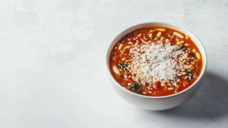A wholesome bowl of minestrone soup topped with cheese, perfect for a healthy meal. Enjoy the comforting flavors of fresh ingredients in every bite.の素材