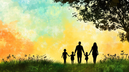 Family walking hand-in-hand through a park, with open sky and grassy space for text.の素材